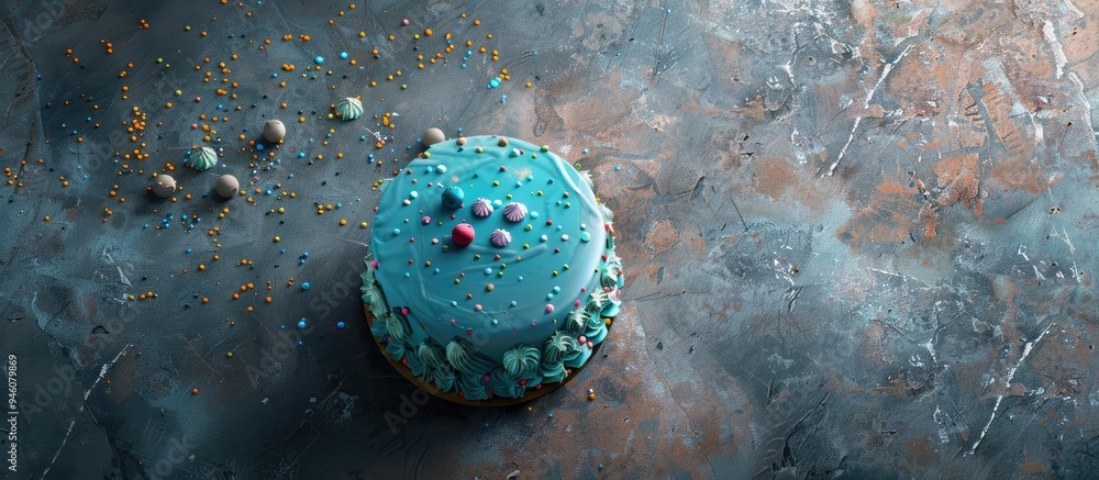 Poster birthday blue cake on a stone background with the message happy birthday. copy space image. place fo