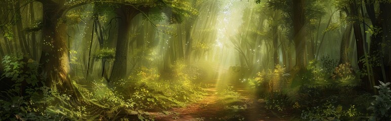 Naklejka premium Sunlit Path Through a Lush, Verdant Forest