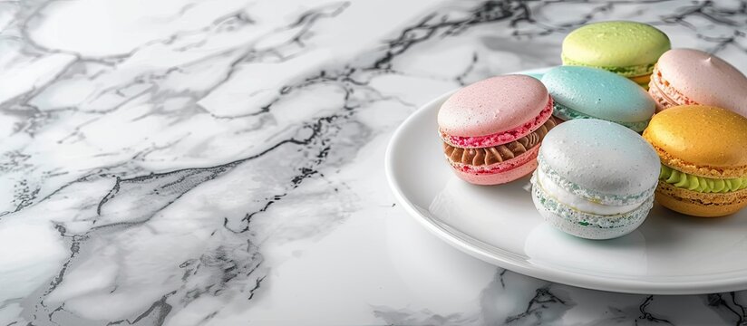Choux cream chu cream and colorful macarons on a white plate set against a marble table background with copyspace