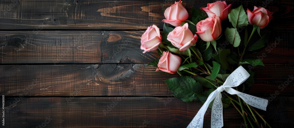 Wall mural A lovely bouquet of pink roses tied with a white bow for a holiday gift on a dark wooden surface A floral romantic gift for Valentine s Day or a wedding celebration Copy space