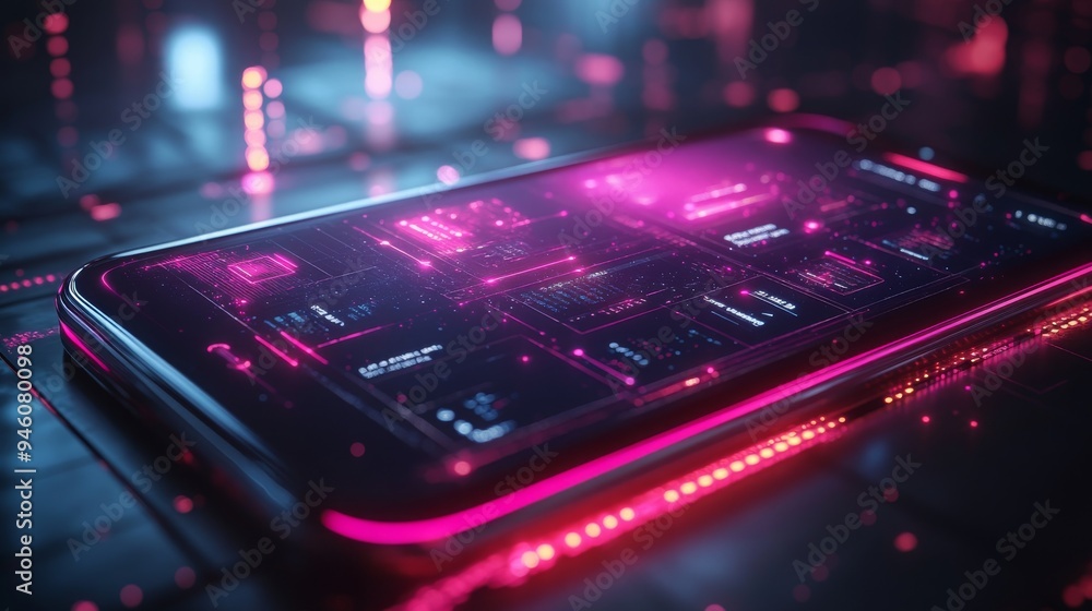 Poster a modern messaging application featuring holographic elements is displayed on a sleek device in a vi
