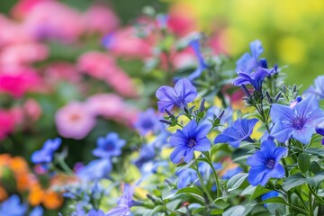 Blooming blue lobelia flowers in garden