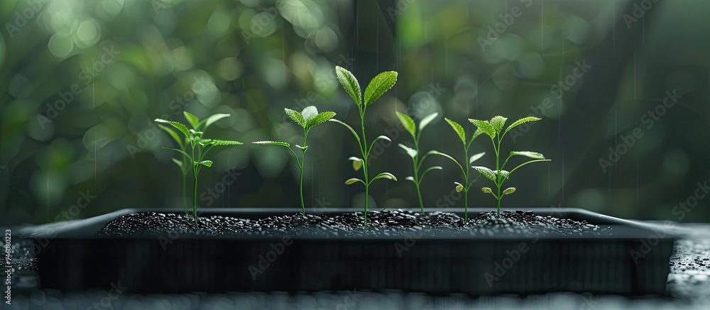Poster small trees recently germinated from seeds on the black tray in moist conditions. copy space image. 
