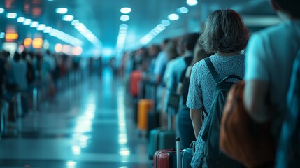 A crowded airport terminal with travelers waiting in line, showcasing the hustle of travel.