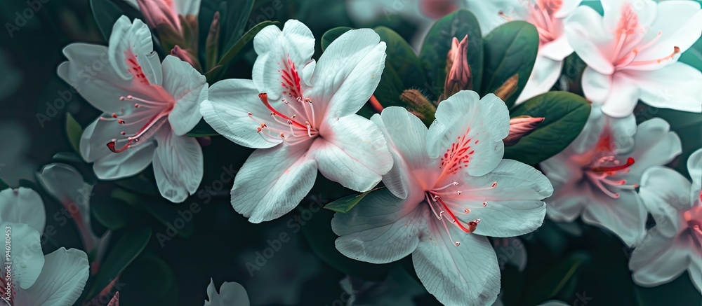 Poster close up of white azalea flowers featuring deep pink centers set against a blurred background of blo