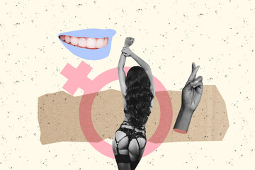 Composite photo collage of girl dance foreplay striptease gender crossed fingers hand sex show...