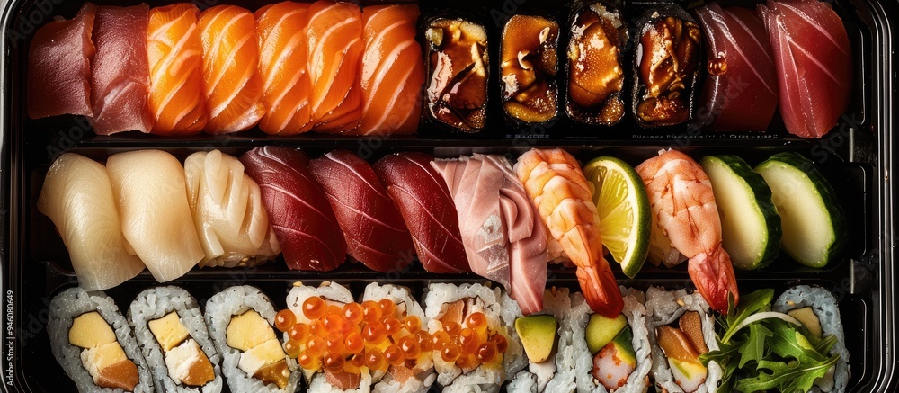 Poster a photo displaying an assortment of sushi types neatly arranged and packed in a container. copy spac