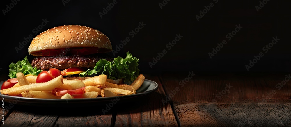 Aufkleber beef burger served with french fries and salad on a plate. copy space image. place for adding text a
