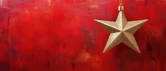 Fototapeta premium Minimalist 3d golden Christmas star on red vintage painted wall background, hanging star ornament is very plain, unadorned. Banner with copy space.