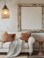Cozy and Inviting Farmhouse Style Living Room Scene with a Distressed Wood Frame Mockup Cream Colored Loveseat Turned Wood Side Table and Knitted Throw Blanket Accents