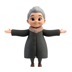 Smiling Cartoon Elderly Woman with Open Arms Wearing a Coat