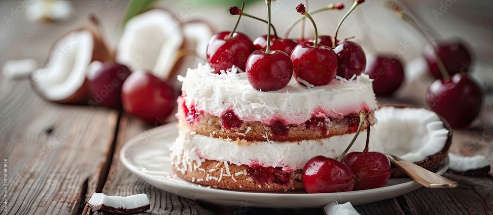 Poster cherry and coconut cakes on a plate. copy space image. place for adding text and design