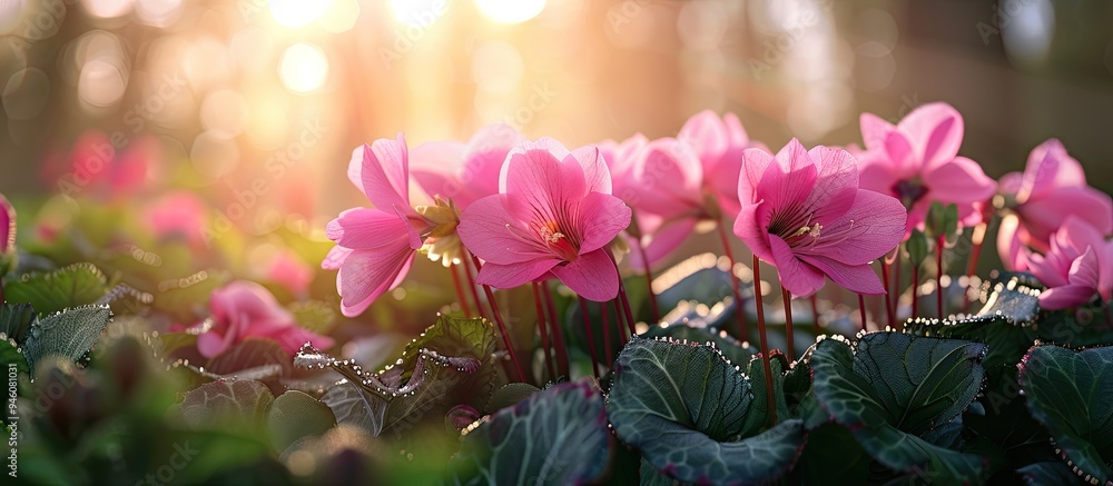 Poster close up of pink cyclamen in a natural setting. copy space image. place for adding text and design