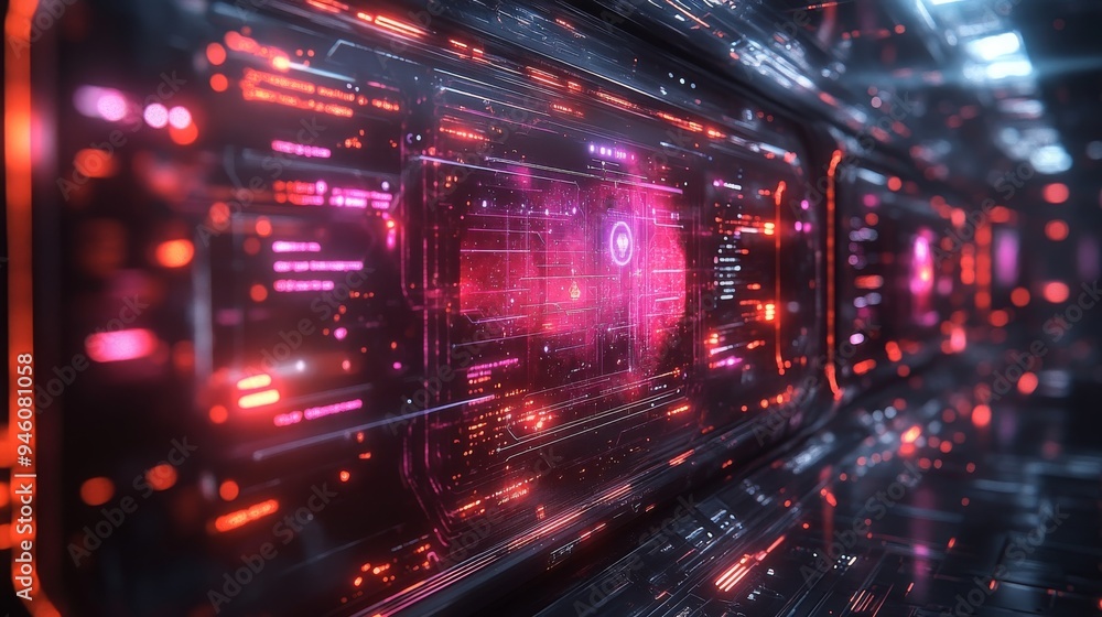 Poster a high-tech environment featuring a futuristic messaging app interface with vibrant holographic elem