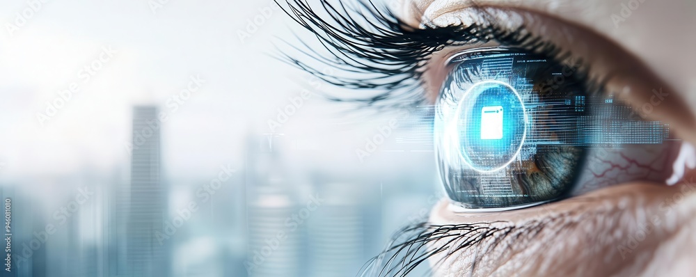Poster close-up of an eye with a holographic security interface, futuristic identity verification