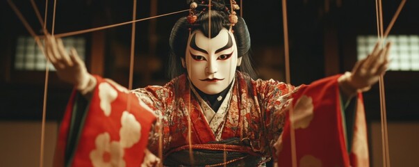 Obraz premium Traditional Japanese Marionette Performing Noh Play - Cultural Craft Representation