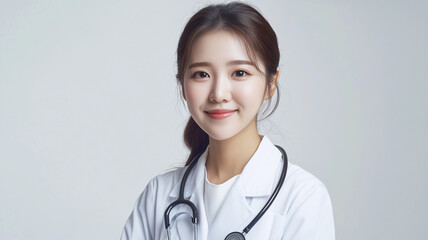 Young healthcare professional in a white coat with a stethoscope smiling against a neutral background in a clinical setting