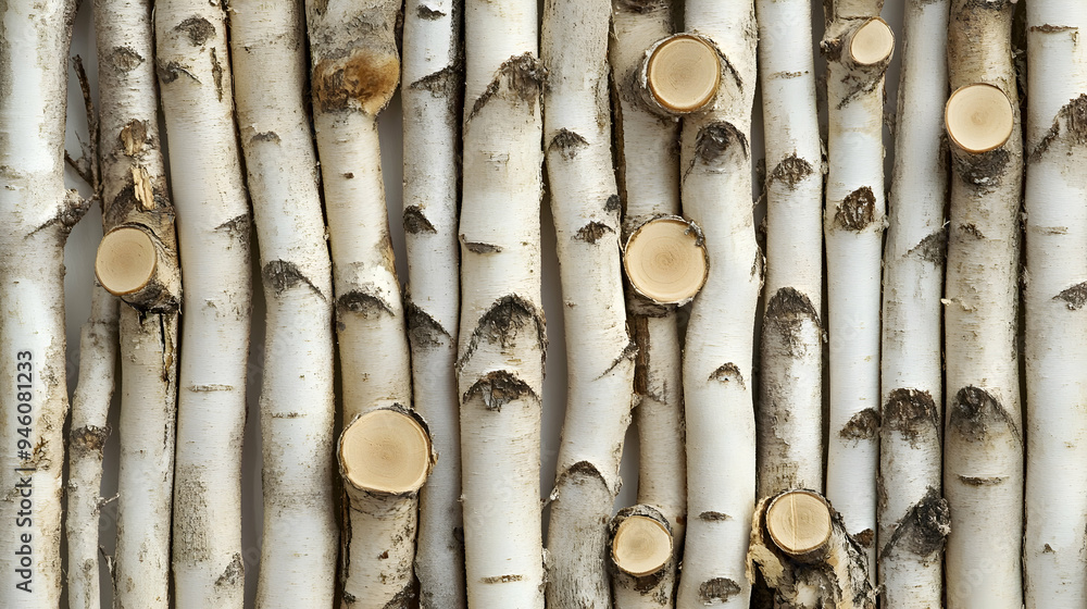 Poster close-up of birch logs with the bark intact, creating a rustic texture.