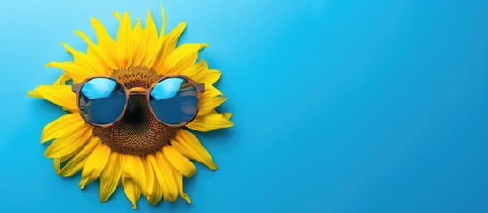 Large bright yellow sunflower with funny sunglasses against a blue background Flatlay style. Copy space image. Place for adding text and design