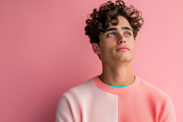 Fototapeta premium Portrait of a young man with curly hair, looking up pensively against a pink background. His expression is thoughtful and serene.