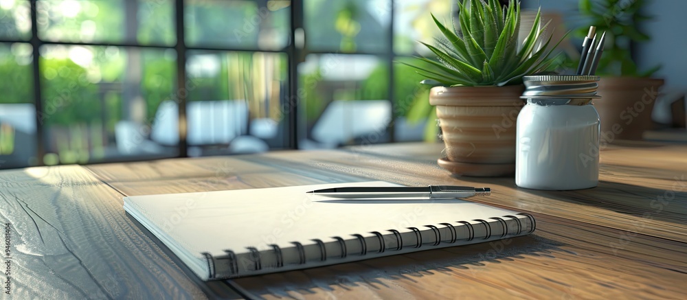 Poster blank notepad with a pen placed on a wooden table. copy space image. place for adding text and desig