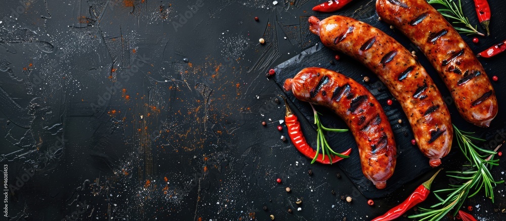 Poster grilled turkish sucuk sausage dark backdrop top view. copy space image. place for adding text and de