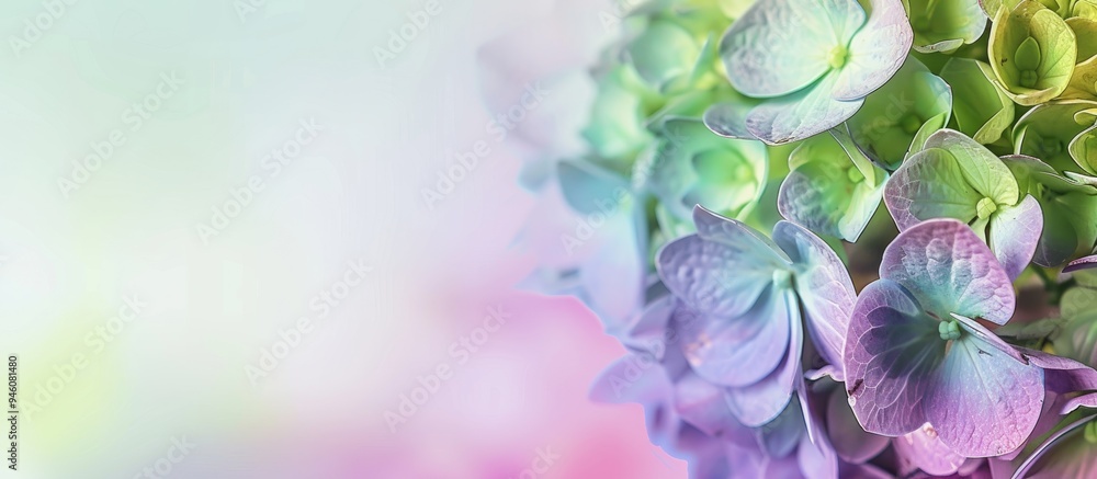 Poster close up macro of light green to purple hydrangea flower. copy space image. place for adding text an