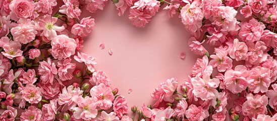 Valentine s Day backdrop Heart shaped frame of pink flowers Valentine s Day theme Flat lay top view copyspace