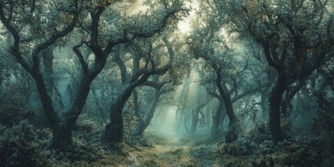 Sun rays through misty, dense forest.