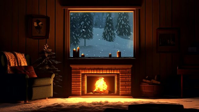 Cozy wooden cabin with glowing fireplace, candles and snow falling gently outside. Winter holiday retreat concept