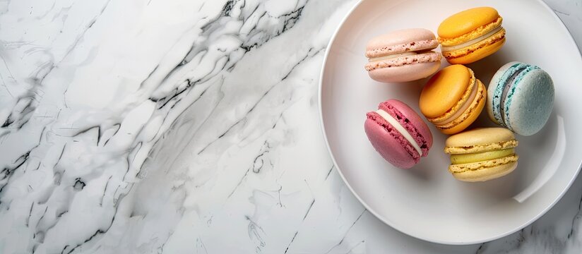 Choux cream chu cream and colorful macarons on a white plate set against a marble table background with copyspace