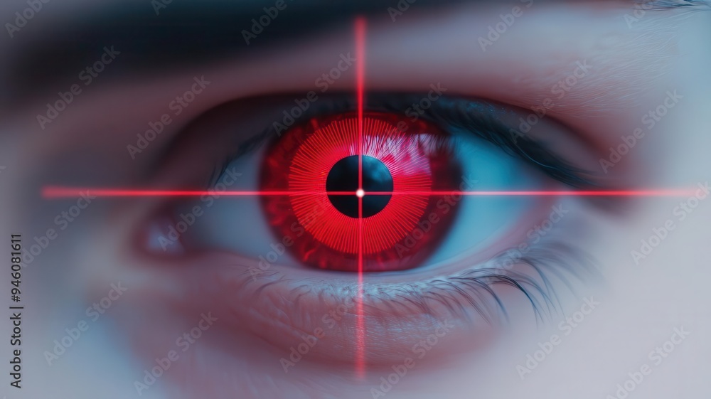 Poster laser grid performing a retina scan, symbolizing precise and reliable biometric authentication