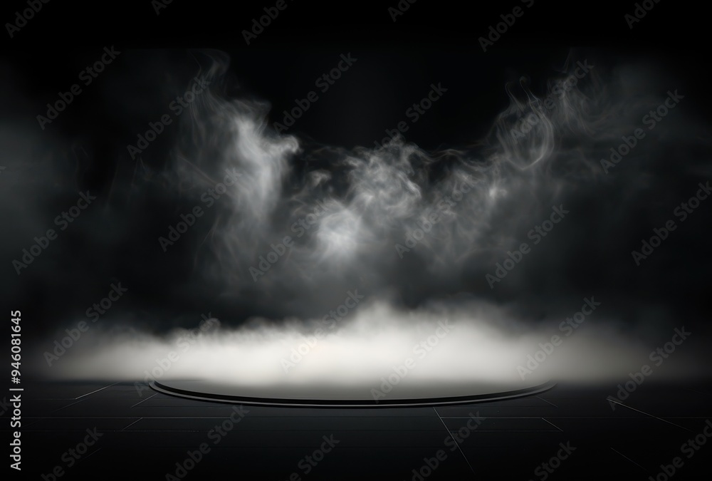 Aufkleber a circular platform surrounded by smoke and illuminated with a spotlight