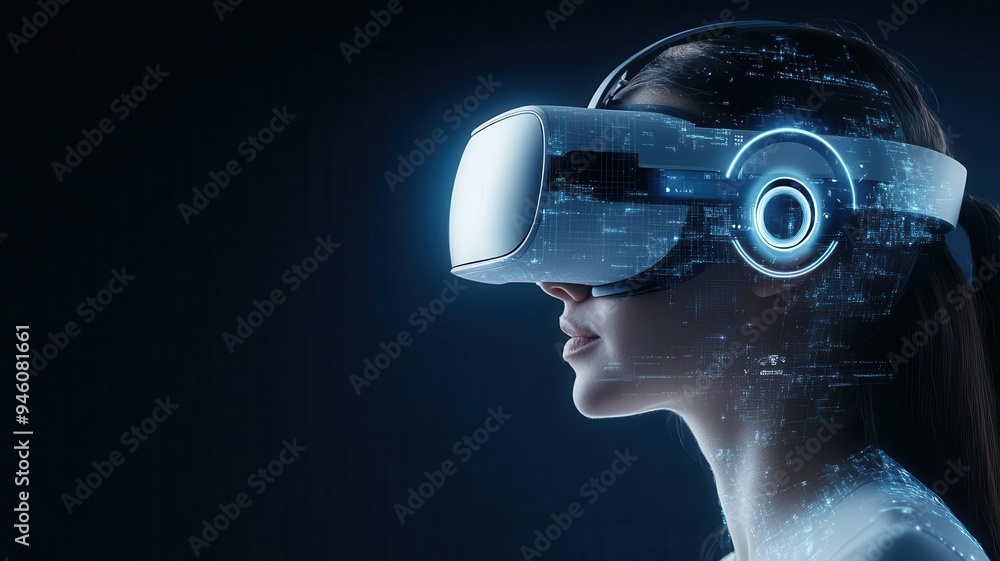 Poster virtual reality headset conducting an iris scan, merging immersive tech with security protocols