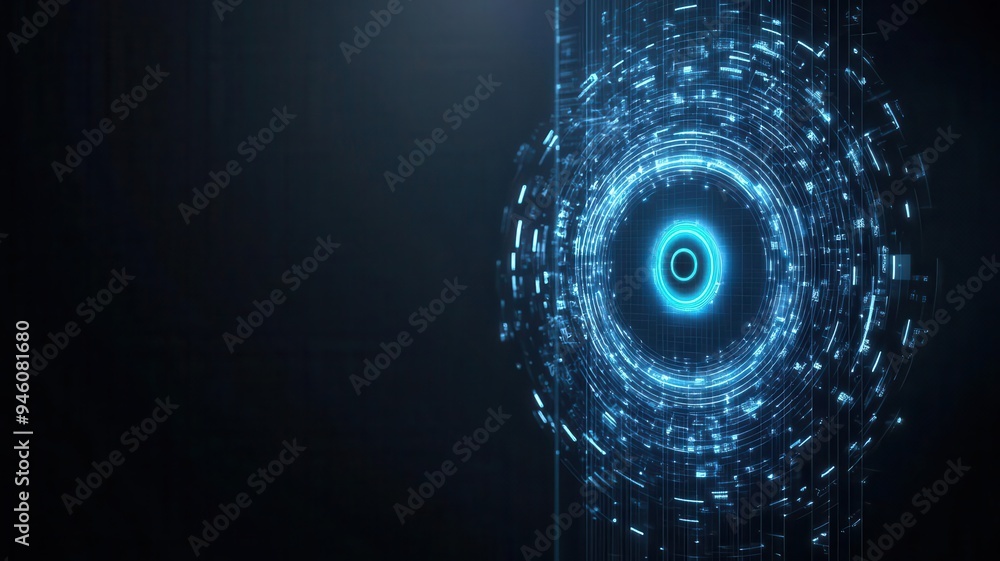 Poster virtual security door with glowing iris scan lock, next-gen access control technology