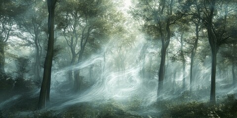 Obraz premium Misty forest with swirling fog.