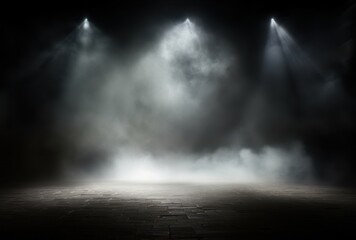 Three Spotlights Illuminate a Fog-Filled Stage with a Brick Floor