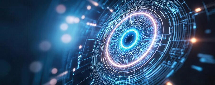 Sci-fi style retinal scan with neon lights, symbolizing ultra-modern identity security