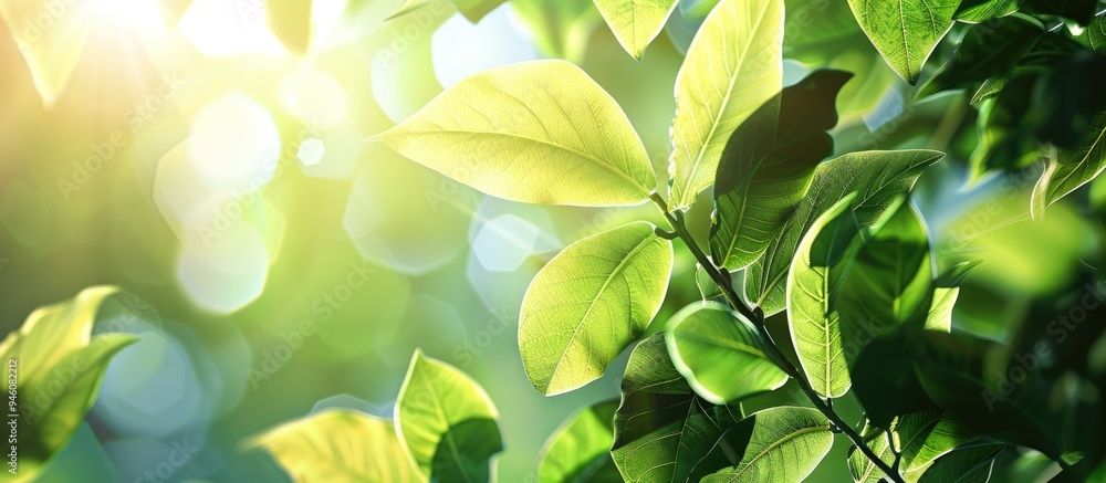 Poster young green leaves illuminated by sunlight in nature natural background of spring and summer. copy s