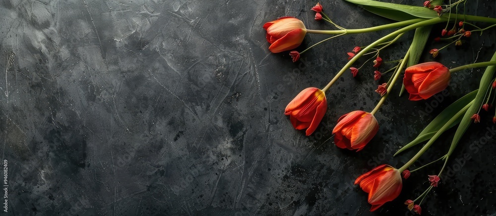 Poster fresh beautiful tulips with a garland on a black surface top view. copy space image. place for addin