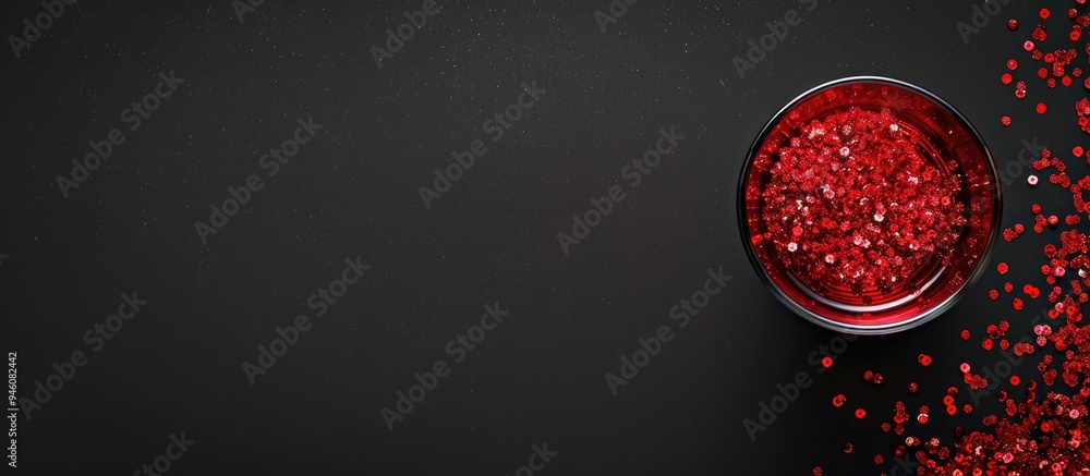 Poster glass with red glitter on a black background holiday themed flat lay. copy space image. place for ad