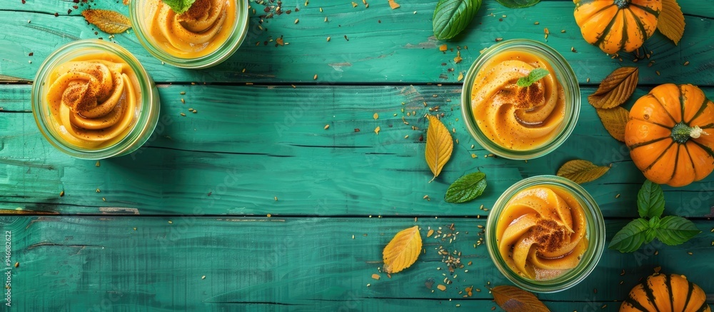 Poster delicious pumpkin pudding on a green wooden surface with room for text. copy space image. place for 