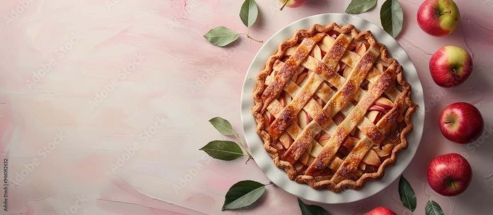 Poster composition featuring a tasty homemade apple pie on a light background vegan option available. copy 