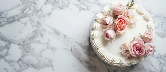 Beautiful white wedding or birthday cake adorned with rose flowers top view on a marble background copy space Sweet bakery for a festive event