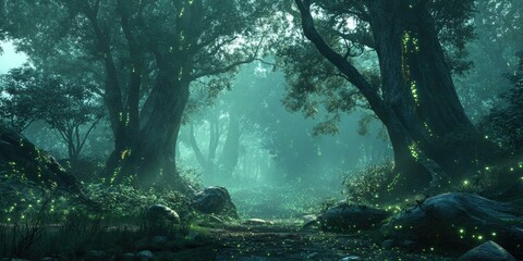 Mysterious misty forest with glowing fireflies.