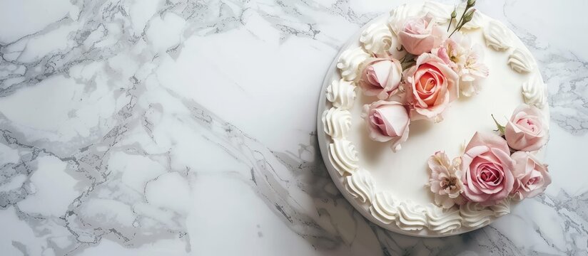 Beautiful white wedding or birthday cake adorned with rose flowers top view on a marble background copy space Sweet bakery for a festive event