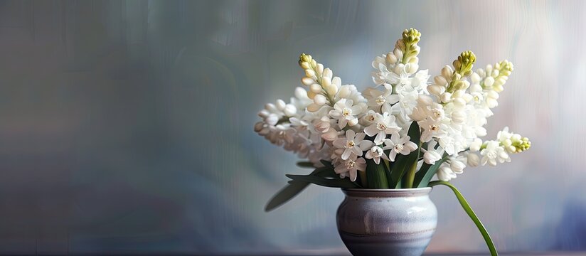White grape hyacinths in a vessel. Copy space image. Place for adding text and design