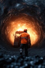 Fototapeta premium A miner walks towards the warm glow of machinery in a dark tunnel, showcasing the industrial environment of underground work.