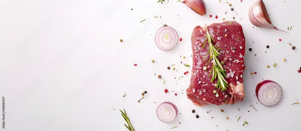 Sticker Raw beef piece with onion and seasoning including pepper and rosemary on a white background top view copy space vertical