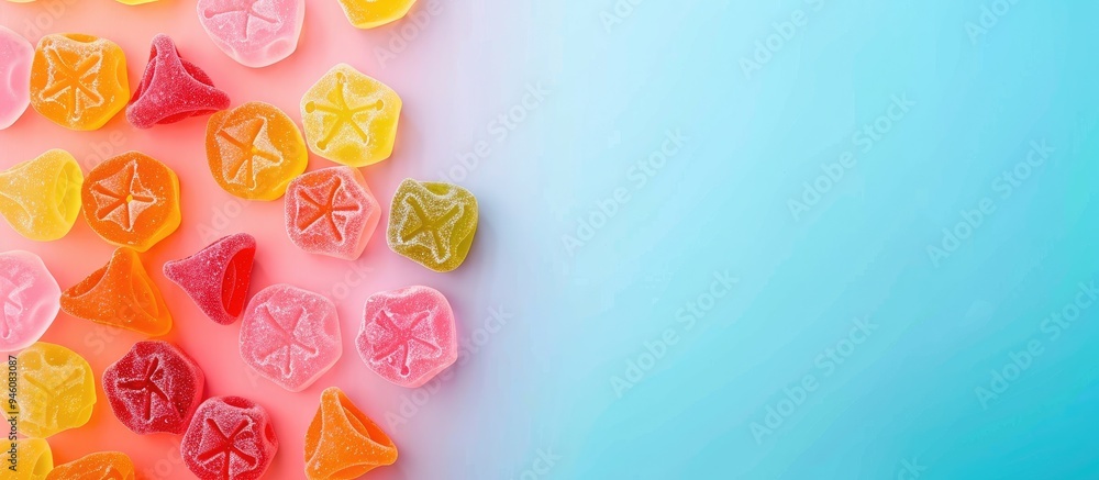 Poster flat lay arrangement featuring tasty jelly candies on a colorful background area for text. copy spac